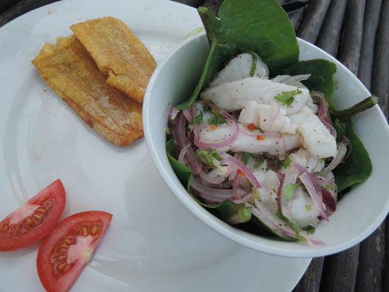 Endlich wieder mal schoen Ceviche (roher Fisch) gegessen