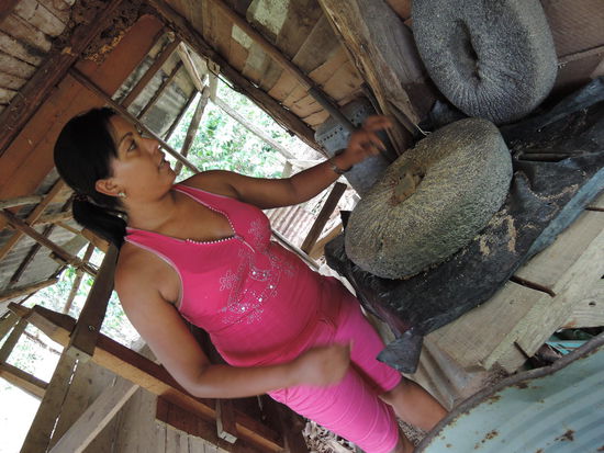 Die Lady in pink erkaert den Kaffeeprozess