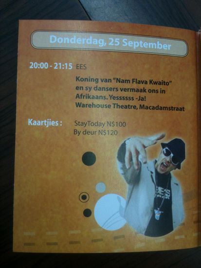 Donnerstag, 25. September 2014 im Warehouse Theatre
Und: Party auf Afrikaans gibt es auch  
Yessssssssssssssssssss- Ja!