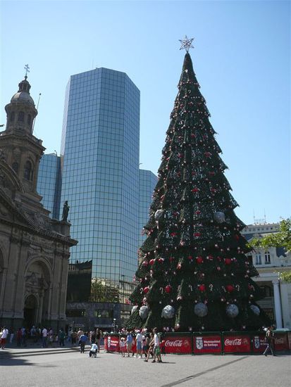Kitschiger Weihnachtsbaum in Santiago. Trotzdem fällt es mir schwer, hier in Weihnachtsstimmung zu kommen.