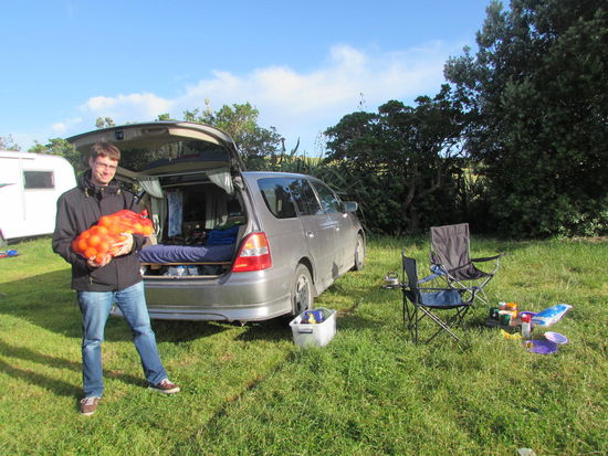 Auf dem Campingplatz an der Matai Bay. Diesen Sack Orangen haben wir zum Abschied auf der Farm geschenkt bekommen. Damit sollten wir also eine Zeit lang hinkommen 