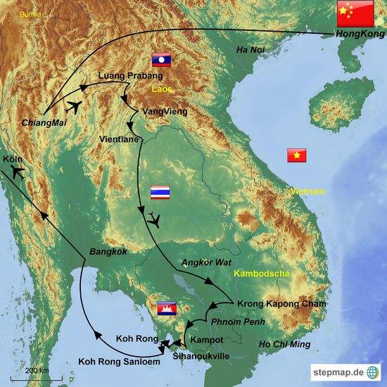 Der Reiseverlauf geht zwar anfangs über Hongkong und Macao, aber um das abzubilden wäre der Maßstab der Karte zu groß geworden.
Die Reise wird genauso wie meine Nepal/Indienreise mit dem Rucksack begangen. Es begleitet mich meine Freundin Anja ab Thailand.