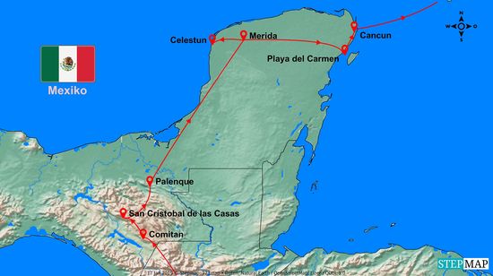 Von Süden Guatemala nach Norden durch Mexiko.