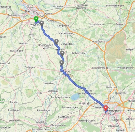 Route grob nachgezeichnet. [Quelle: openstreetmap]
