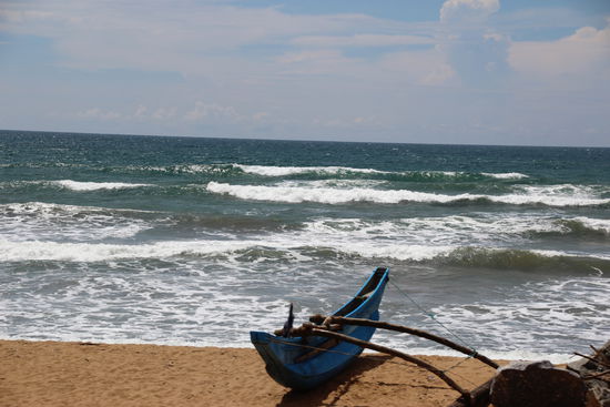 Zug fährt direkt am Meer entlang