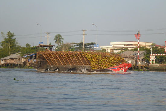 Eines der unzähligen Transportschiffe auf dem Mekong