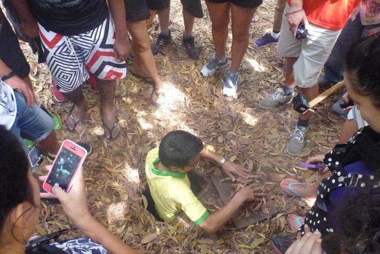 unser Guide führte vor wie die Kämpfer der Vietcong in die Cu Chi Tunnel stiegen