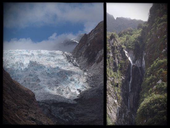 Franz Josef Glacier und einer der vielen hohen Wasserfälle am Weg...