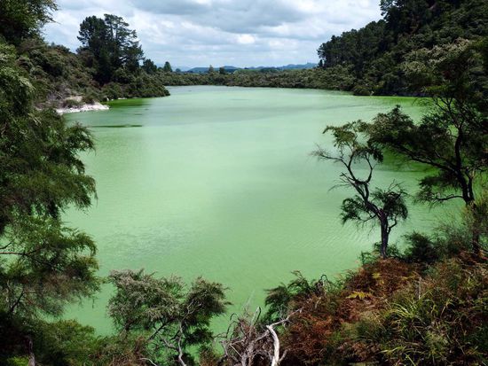 Lake Ngaroko mit seiner grün leuchtenden Farbe