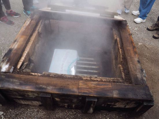 "hangi"- eine spezielle Zubereitungsart der Maori - hauptsächlich Fleisch und Gemüse schmoren einer Holzkiste, die nur vom Boden erhitzt wird