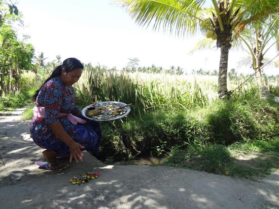 Unterwegs immer wieder Einheimische bei Zeremonien, kleine Gaben werden hier vor Geschäften und Hauseingängen verteilt...Auch die Straßen in den Städten sind gepflastert damit