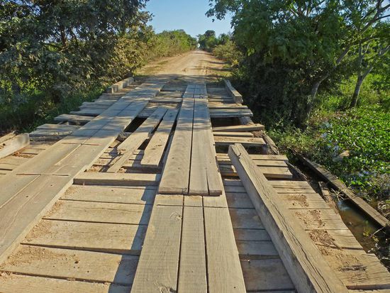 Eine der zahlreichen Holzbrücken der Transpantaneira. Wenn man nicht wüsste, dass eine halbe Stunde zuvor ein großer LKW darüberbretterte, würde man wohl zaudern, diese Brücke auf Anhieb zu überqueren.