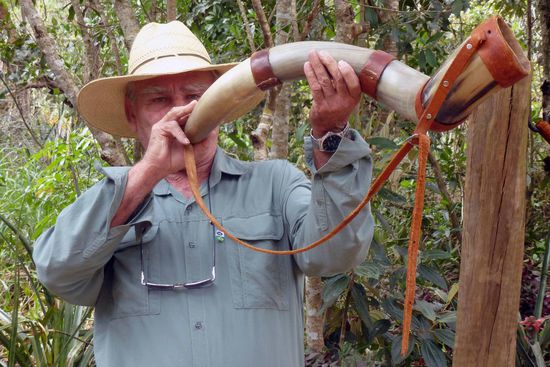 Ein Pousadabesitzer, mit dem Marcos bekannt gut bekannt ist, hat uns später vorgeführt, wie die Cowboys früher ihre Rinder herbeilockten.