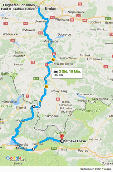Die Fahrtstrecke mit dem Minibus von Krakau nach Strbske Pleso