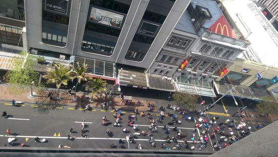 Der Blick ausm Fenster vom Hostel während einer komischen Demo mit Hunden