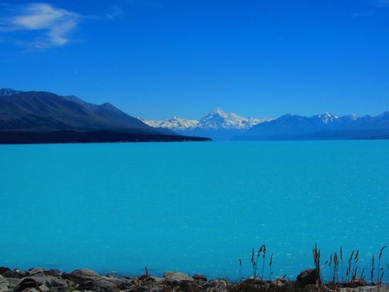 Am Lake Pukaki, im Hintergrund der Mount Cook. Kein Photoshop, das Wasser ist durch Mineralablagerungen so kitschig blau!