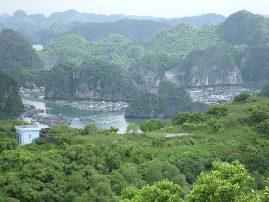 Blick vom Cannon Fort auf das schwimmende Dorf in der Halong Bucht