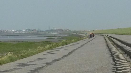 Der Spazier- und Radweg an der Nordsee nach Norddeich. Im Hintergrund der Sandstrand von Norddeich.