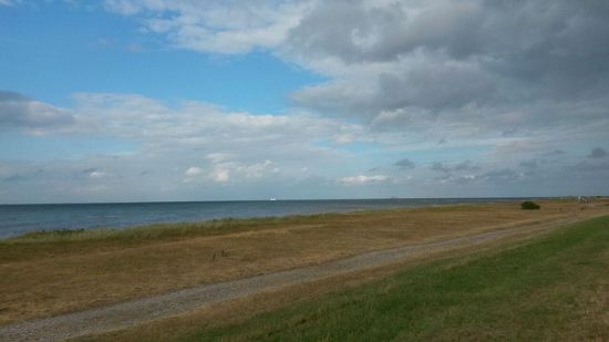 Der Deich auf dem man spazieren gehen kann oder direkt den Strand erreicht.