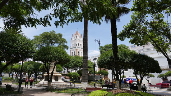 Die plaza mit dem Turm der Kathedrale im Hintergrund 