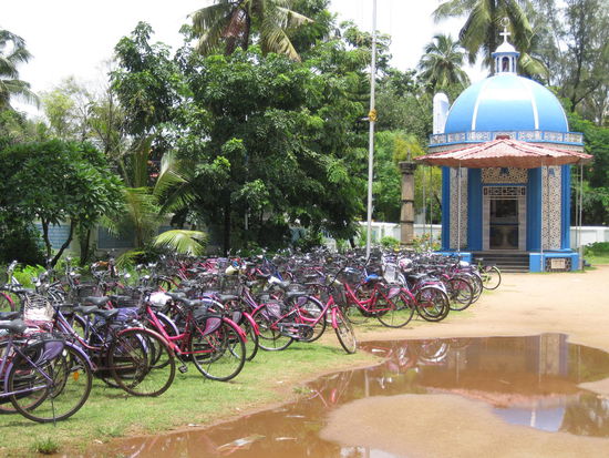 Dass es sich um eine Mädchenschule handelt, lässt sich problemlos am Farbkonzept der Drahtesel erkennen!
