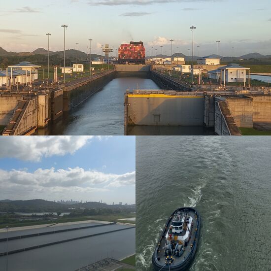 Einfahrt in die erste Schleuse 
Die Wasseebecken und ein superpower Boot