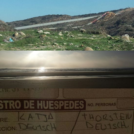 Die Grenze (hinten Usa, vorne Meiko), der Strand von Rosarito.
Unsere Vor und  Nachnamen auf dem Check in Formular