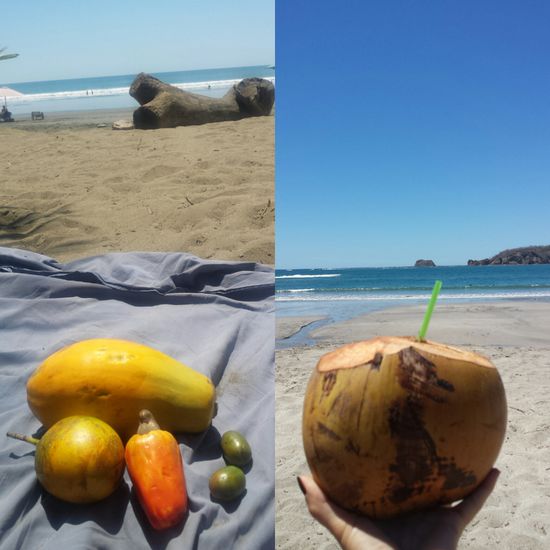 Früchte raten...rechts klaro....Kokosnuss
Aber links.... oben das gelbe ist eine Papaya. Das Runde ist eine Maracuja, aber die anderen Dinge???? Die kleinen schmecken wie Stachelbeeren, das Orange wie Arsch 