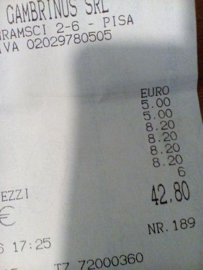 Rechnung von der Bar Gambrinus, völlig wahnsinnig, immer vorher nach dem Preis fragen und erst dann bestellen...