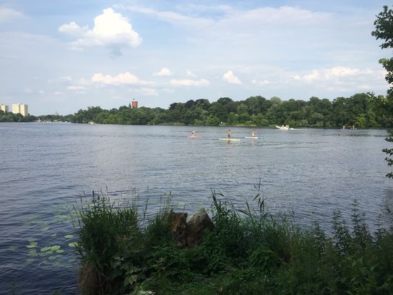 ... und rechts auf die Stehpaddler und Motorboote