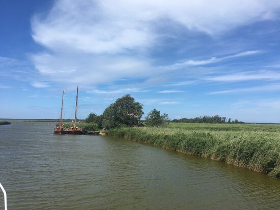 Haus (hinter dem Baum) und zwei Zeestboote