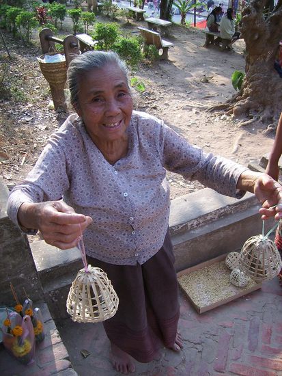 Diese alte Frau verkauft kleine Voegel, die man dann am Tempel frei lassen kann - soll Glueck bringen
