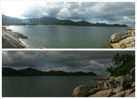 Panoramen vom Klettern auf den Steinen. Im oberen Bild ist links der Thong Nai Pan Yai und rechts der Thong Nai Pan Noi Strand zu sehen.
