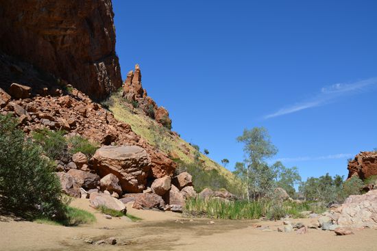 Links das Geröllfeld, in dem die Rock Wallabys leben.
