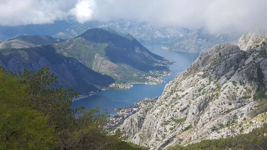 Der Blick auf Kotor ist beeindruckend. Mit uns wollen diesen auch Hunderte Touristen genießen,  die mit Bussen hochgekarrt werden. Einerseits beneiden wir sie um das Vergnügen ohne Anstrengungen, andererseits bedauern wir sie auch.