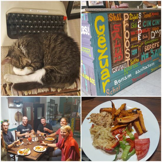 Hostelkultur in Durrës. Weil es regnet, sitzen wir im Aufenthaltsraum herum, erzählen. (6 verschiedene Nationalitäten: Schweden, Irland, GB, Australien, Italien, Dtl.)  Dann beginnt einer für alle zu kochen, einer anderer besorgt eine Flasche Wein, ich hatte für einen Obstsalat eingekauft... zusammen haben wir einen lustigen Abend.