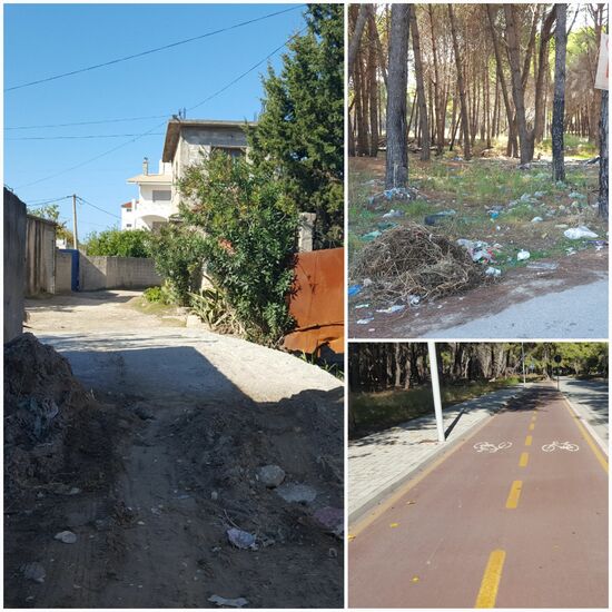 Hier bin ich von der Prunkstraße abgebogen (keine 500m  daneben) und stehe erst im Tiefsand, dann im völlig vermüllten Wald, um nach dem nächsten Abbiegen einen vorbildlichen Radweg anzutreffen. Alles auf 2km!