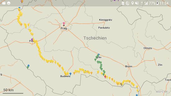 Janas Route vom Erzgebirge aus, Thomas (grün) aus Jihlava kommend, ab rotem Punkt gemeinsam.