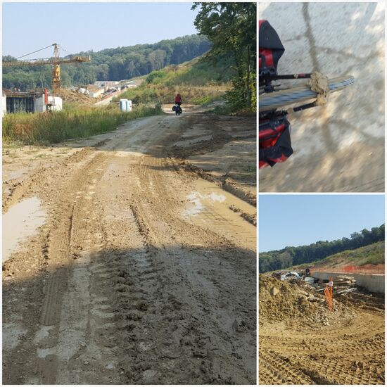 Da wir nicht wieder auf der stark befahrenen Hauptstraße entlang wollen, landen wir schließlich an der neuen ICE Trasse Budapest- Belgrad. Mühselig und sch(w/m)ierig... Einer der Bauarbeiter, die an einer Quelle Wasser holen, sagt in 2 Jahren wäre die Trasse fertig. Wir glauben das, denn heute ist Sonntag und es wird fleißig gearbeitet.
