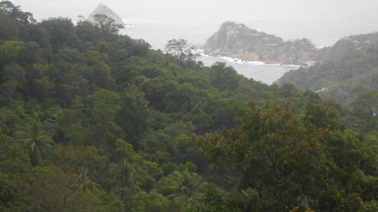 Aussicht von der Terrasse unseres Bungalow.
Leider bei Regenwetter.