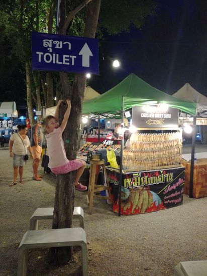 Das Schild ist irreführend. Rechts daneben thailändische Flundern, Tintenfische durch die Mangel gedreht und getrocknet