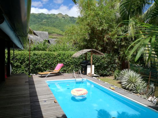 Der Pool mit BBQ im Hintergrund