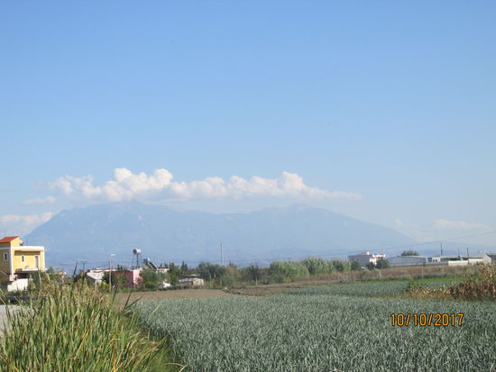 Ein von der Landwirtschaft geprägter Anblick in Mittelalbanien. Berge - hier der Shpirag Gebirgszug - sieht man häufig im Hintergrund