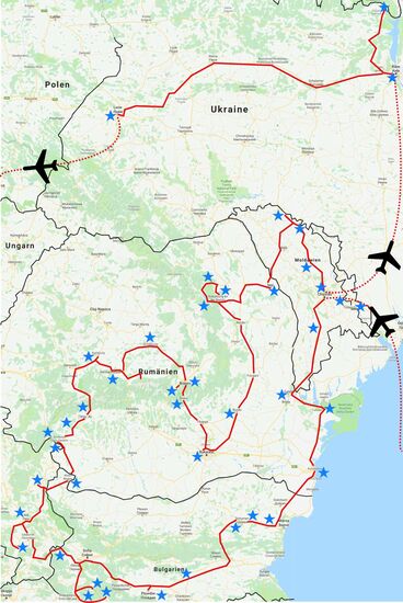 Die fertige Planung. Mit dem Flugzeug nach Chisinau - von dort die Rundreise mit dem Mietwagen und dann nach Kiew. Von dort mit dem Bus nach Lwiw und dann nach Hause fliegen. Sterne markieren Orte, an denen wir uns etwas angeschaut haben.