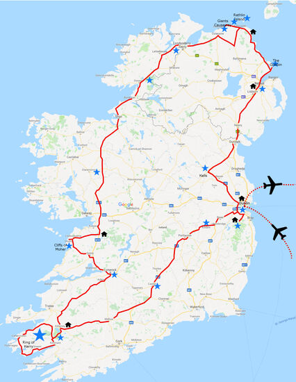 Unsere Rundreise mit Start und Ziel in Dublin. Mit Sternchen sind Orte markiert, an denen wir uns etwas anschauten