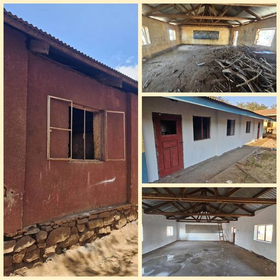 Das Gebäude und der Klassenraum vor und während der Renovierung.