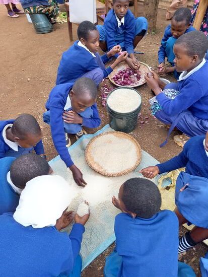 Die Schüler reinigen den Reis.