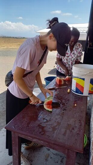 Wir schneiden das Obst klein.
