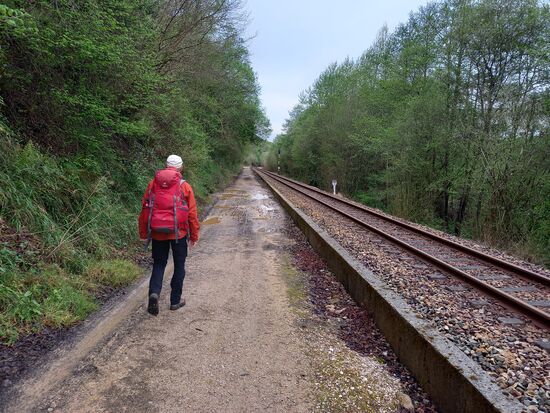 Dann gehen wir eine Weile parallel zu den Bahnschienen.