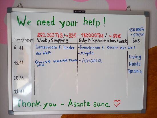 Außerdem haben wir nun eine Whiteboard aufgehängt und bitten dort auch Besucher um Unterstützung.